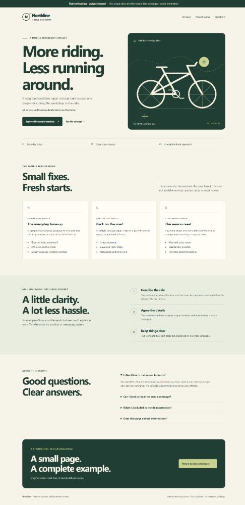 Northline fictional bicycle repair website, showing a responsive hero, service menu and clear customer journey